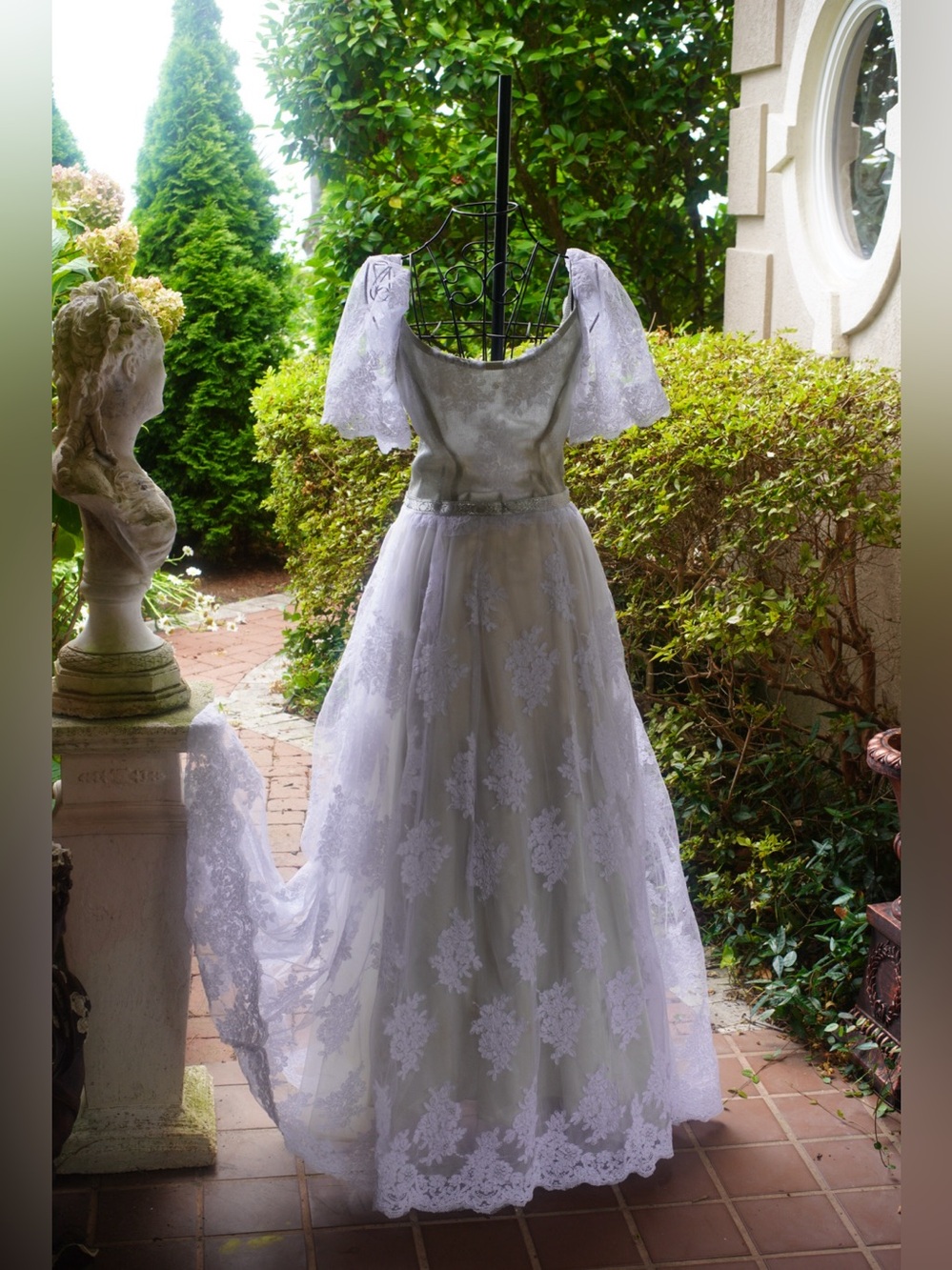 Vintage Ivory & Sage Lace Floral Appliqué Gown | Romantic Off-Shoulder Wedding - Picture 10 of 16